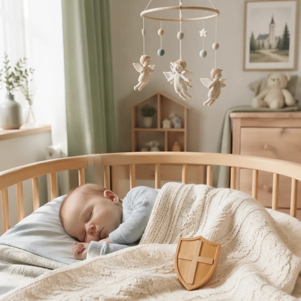 Sleeping baby in a cozy pastel nursery with a small wooden shield toy.
