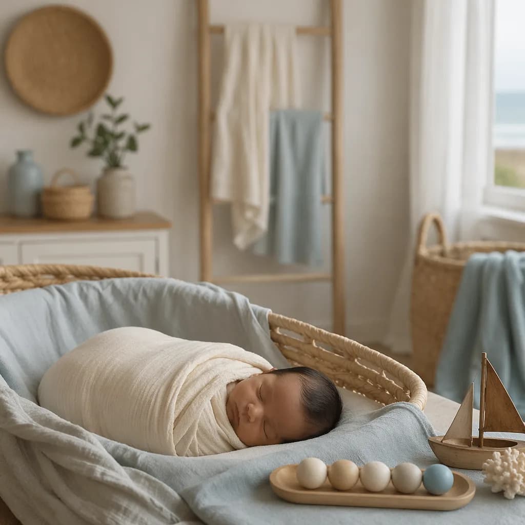 Sleeping newborn in a warm pastel Swahili-inspired nursery with woven decor