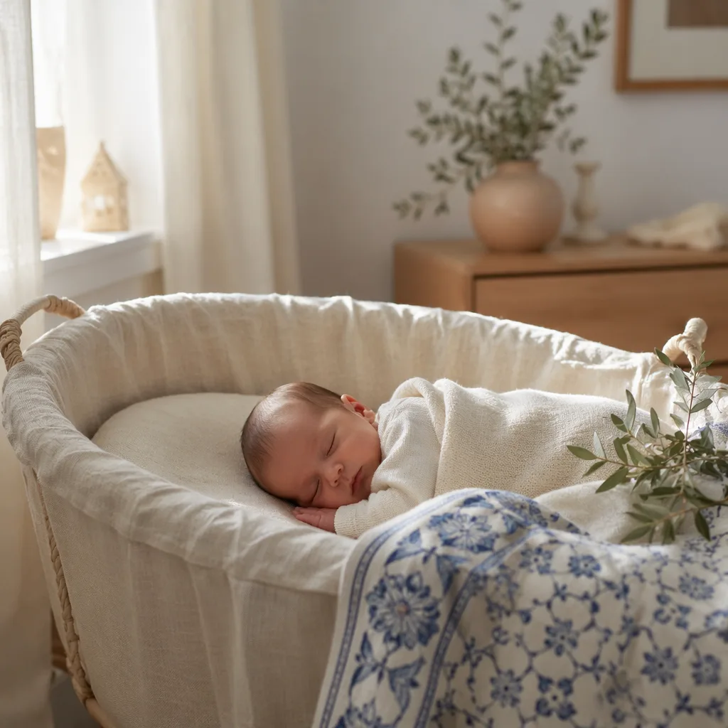 Sleeping newborn in a soft Portuguese-inspired pastel nursery