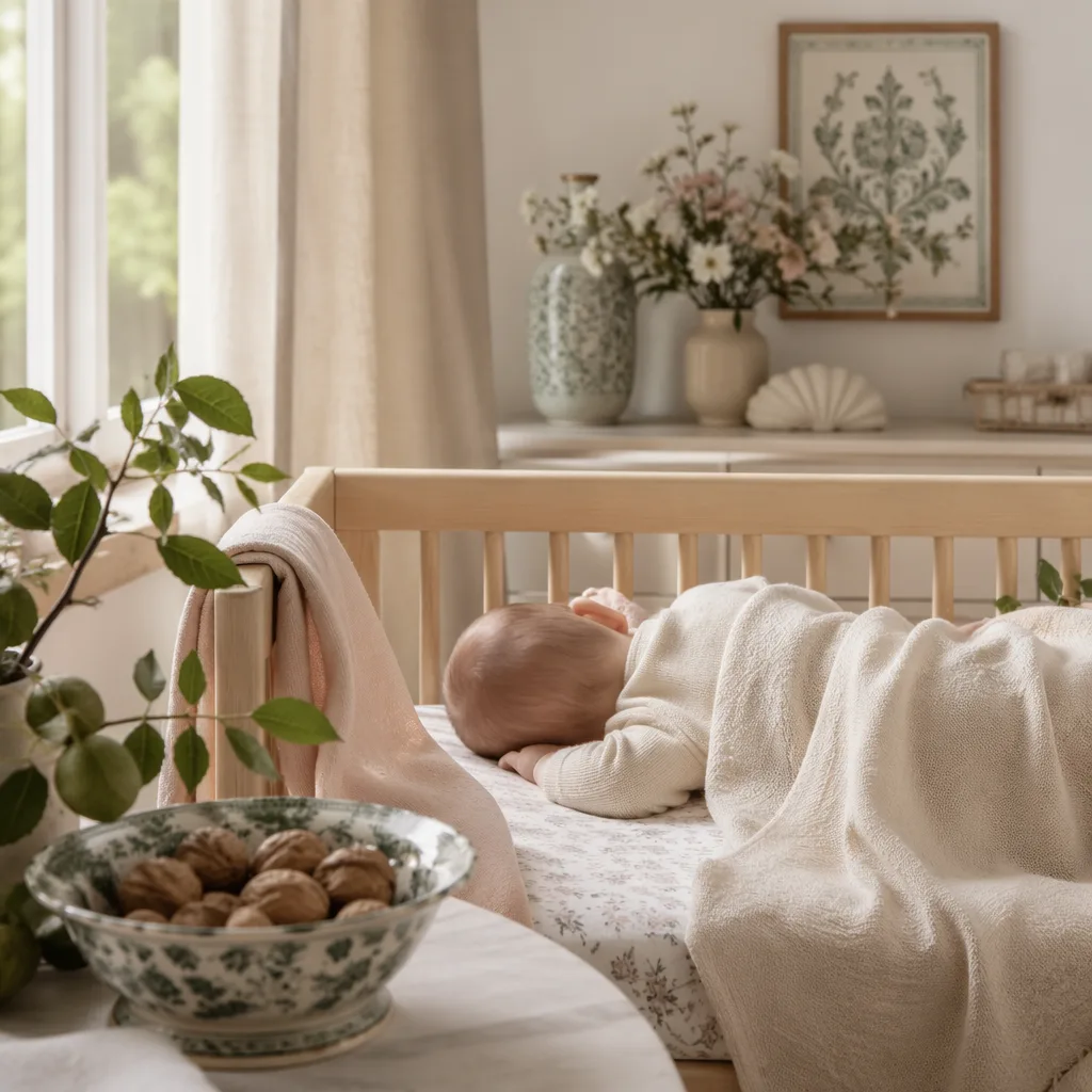 A serene Portuguese-inspired nursery with a resting baby, soft pastels, and walnut branch details.
