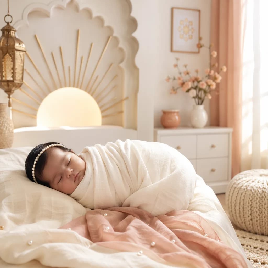 Sleeping baby in a warm pastel Urdu-inspired nursery with soft sunlight and pearl accents