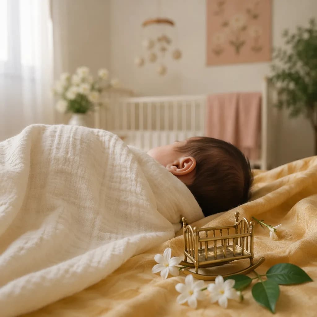 A softly lit nursery with a sleeping baby wrapped in ivory, accented by jasmine and warm golden details.