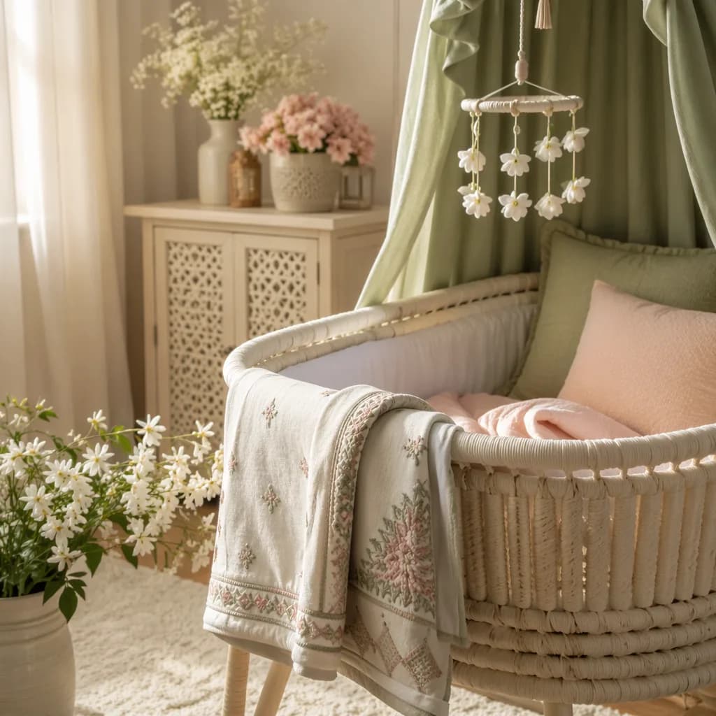 Soft pastel Urdu-inspired nursery with a cozy bassinet and delicate floral accents.