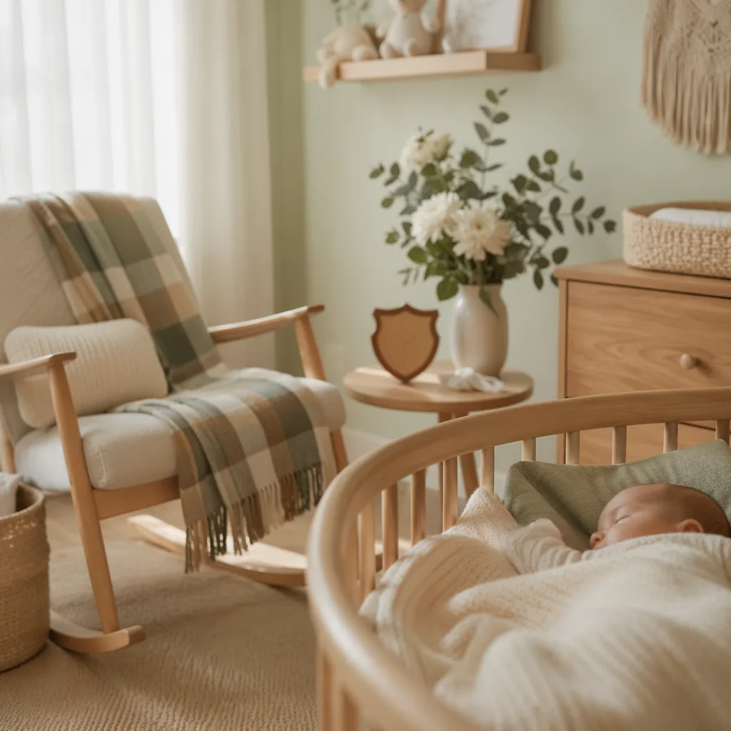 Cozy pastel nursery with a sleeping baby, tartan throw, and gentle natural light.