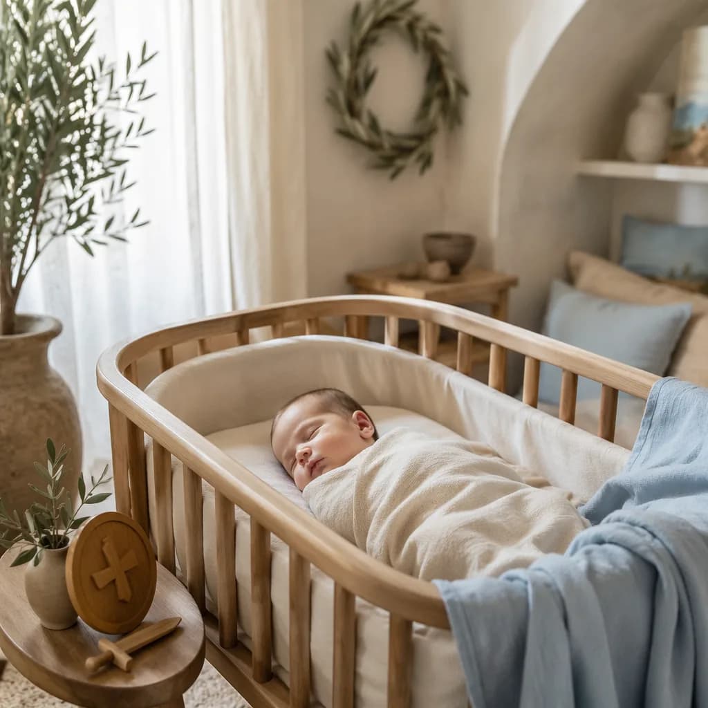 Sleeping baby in a soft Greek-inspired nursery with olive branch decor.