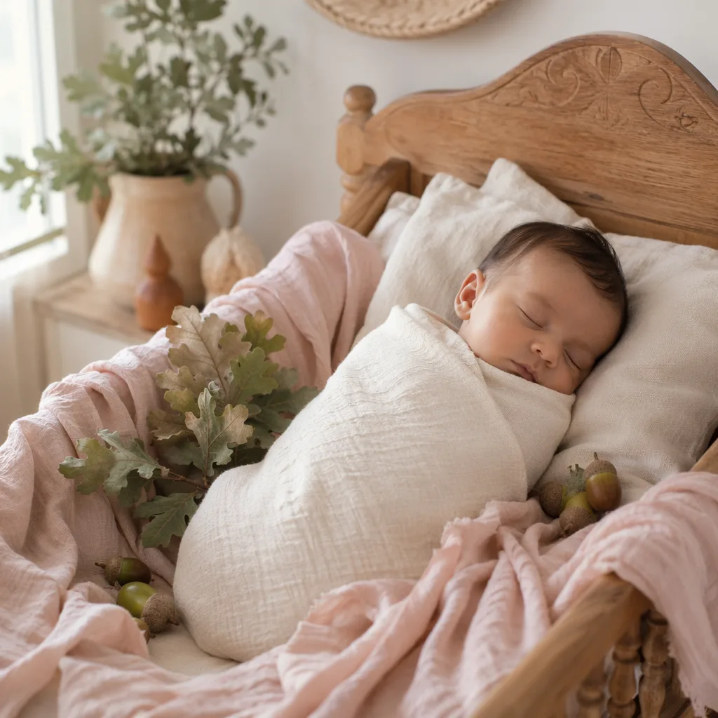 Sleeping baby in a soft Spanish-inspired nursery with oak leaves and pastel linens.