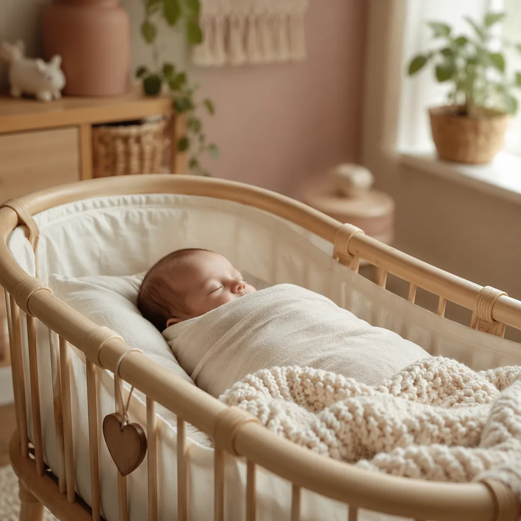 Sleeping newborn in a soft Scandinavian nursery with pastel linens and warm natural light.