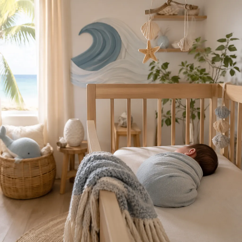 A softly lit coastal-inspired nursery with a sleeping swaddled baby and gentle wave-themed decor.