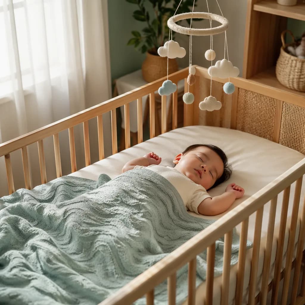 Sleeping baby in a soft pastel nursery with gentle ocean-inspired details.