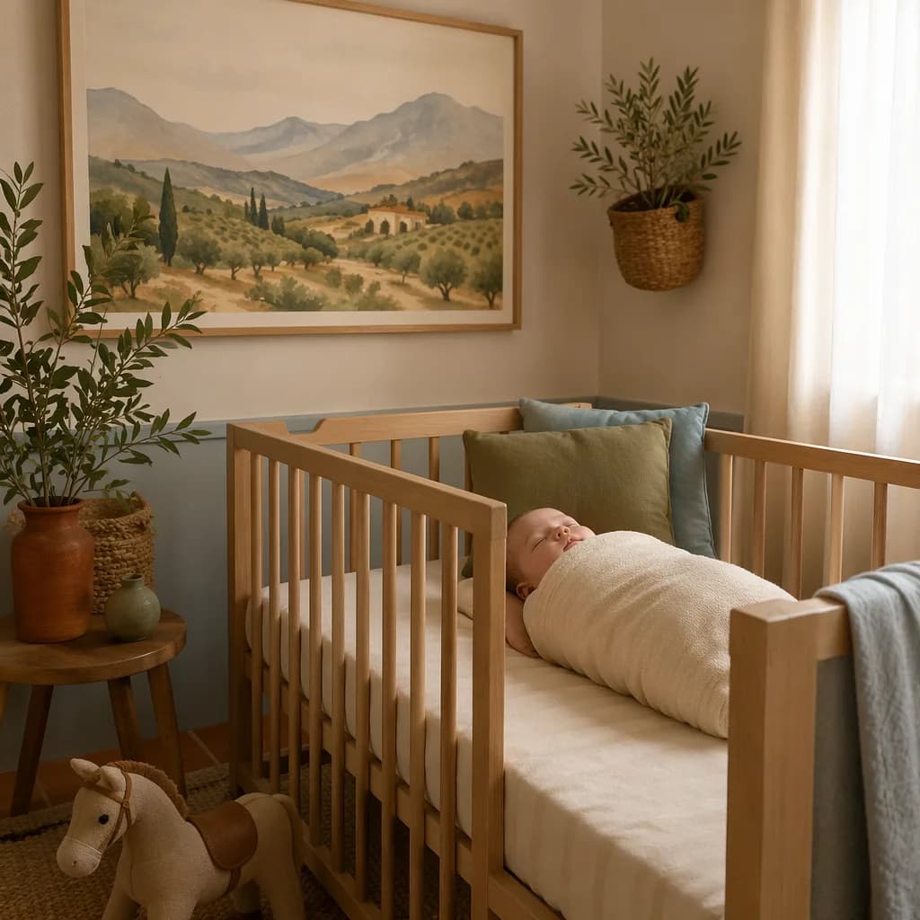 Sleeping baby in a warm Spanish-inspired nursery with soft mountain and olive branch decor.