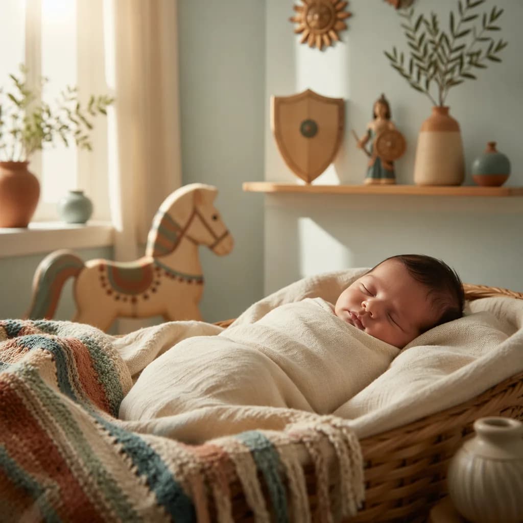 A peaceful newborn sleeping in a warm pastel Latin-inspired nursery with soft natural light.