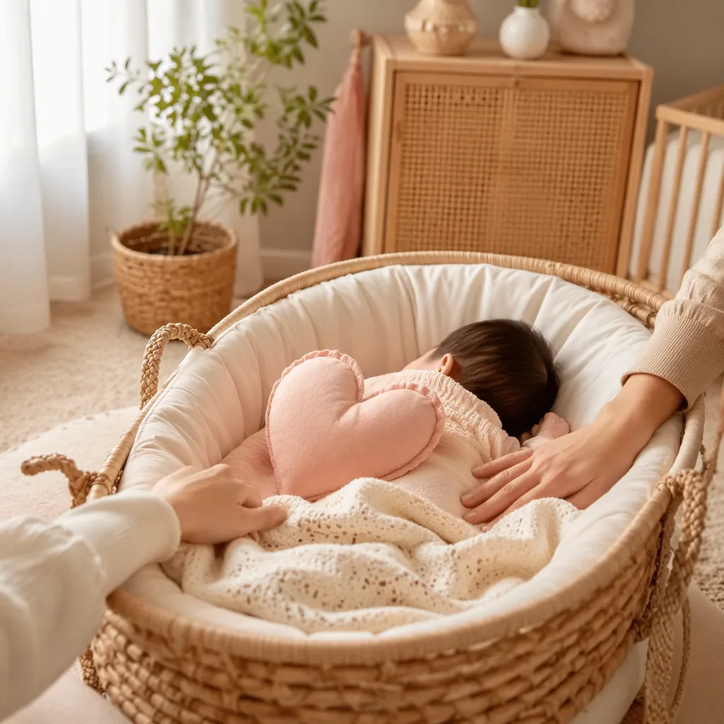 A softly lit Filipino-inspired nursery with a baby resting in a woven bassinet, evoking love and warmth.