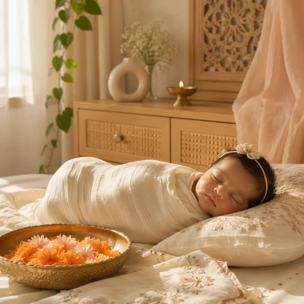 A softly lit modern nursery with a swaddled newborn and gentle Indian-inspired pastel decor.