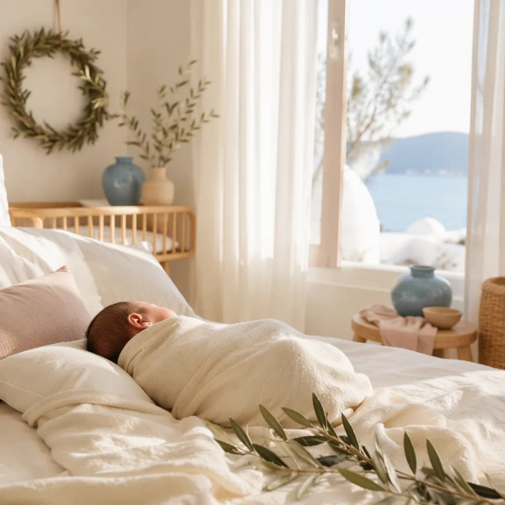 Sleeping swaddled baby in a soft Greek-inspired nursery with olive branch decor.
