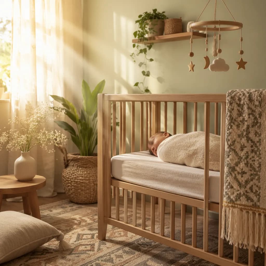 Peaceful nursery with a swaddled sleeping baby in soft morning light.