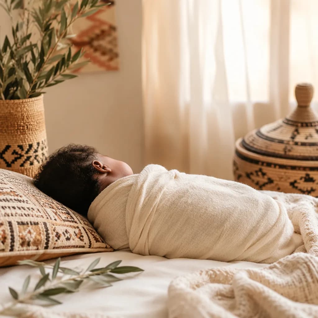 Peaceful sleeping newborn in a soft pastel nursery with woven accents.