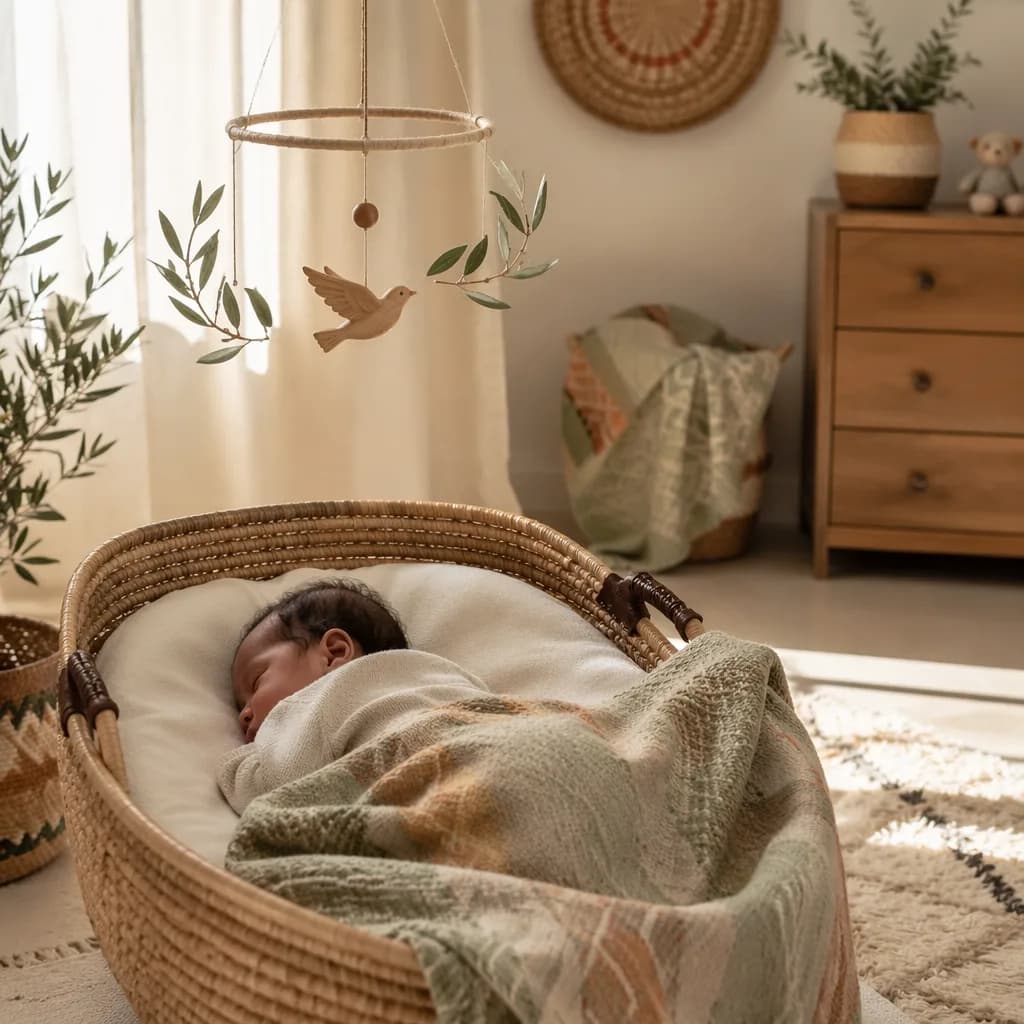 Peaceful pastel nursery with a sleeping baby in a woven bassinet.