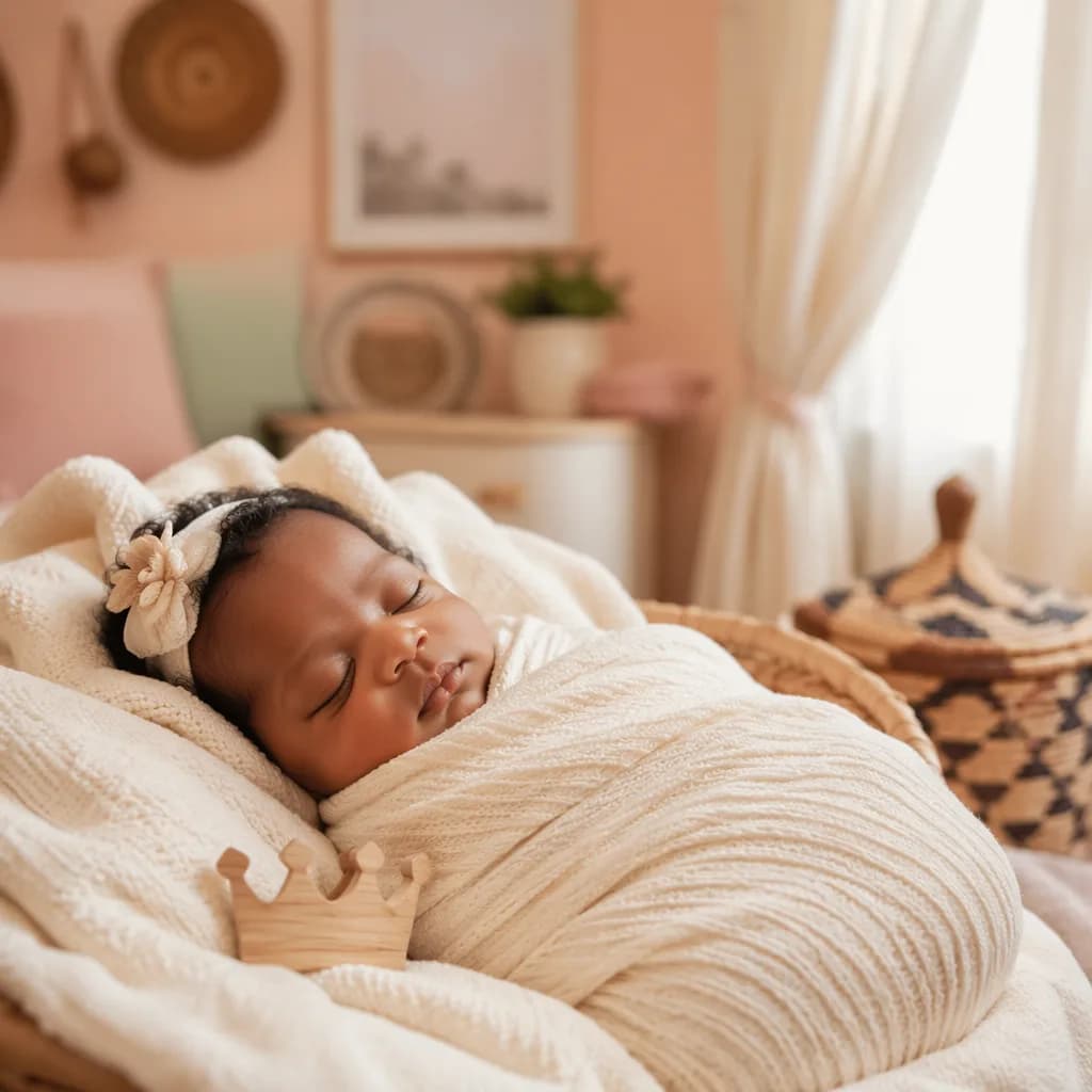 Sleeping Nigerian baby in a soft pastel nursery with woven accents and a small wooden crown.