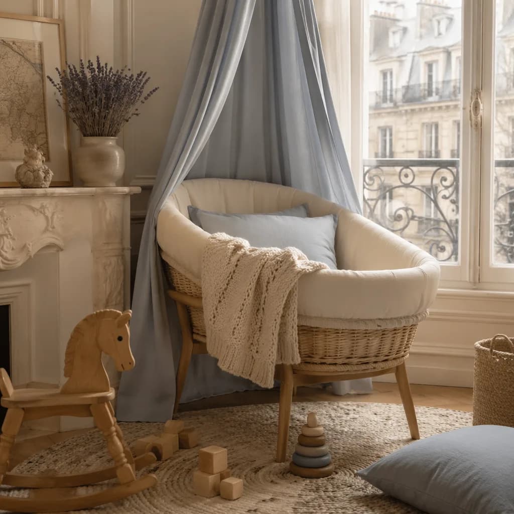 Soft French-inspired nursery with bassinet, knitted blanket, wooden toys, and lavender in gentle morning light.
