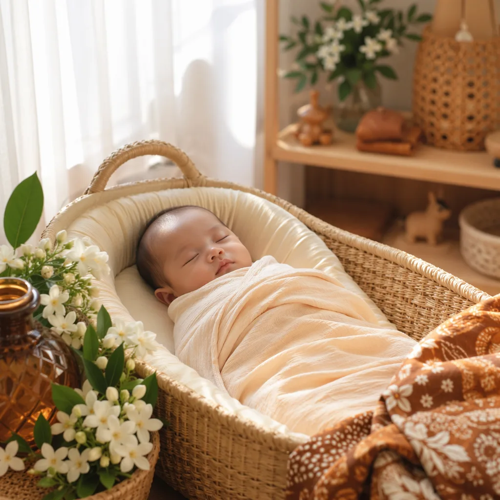 Sleeping baby in a soft Indonesian-inspired nursery with jasmine flowers and batik accents.
