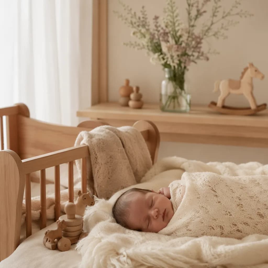 Soft pastel nursery scene with a swaddled sleeping baby, wooden cradle, and gentle morning light.