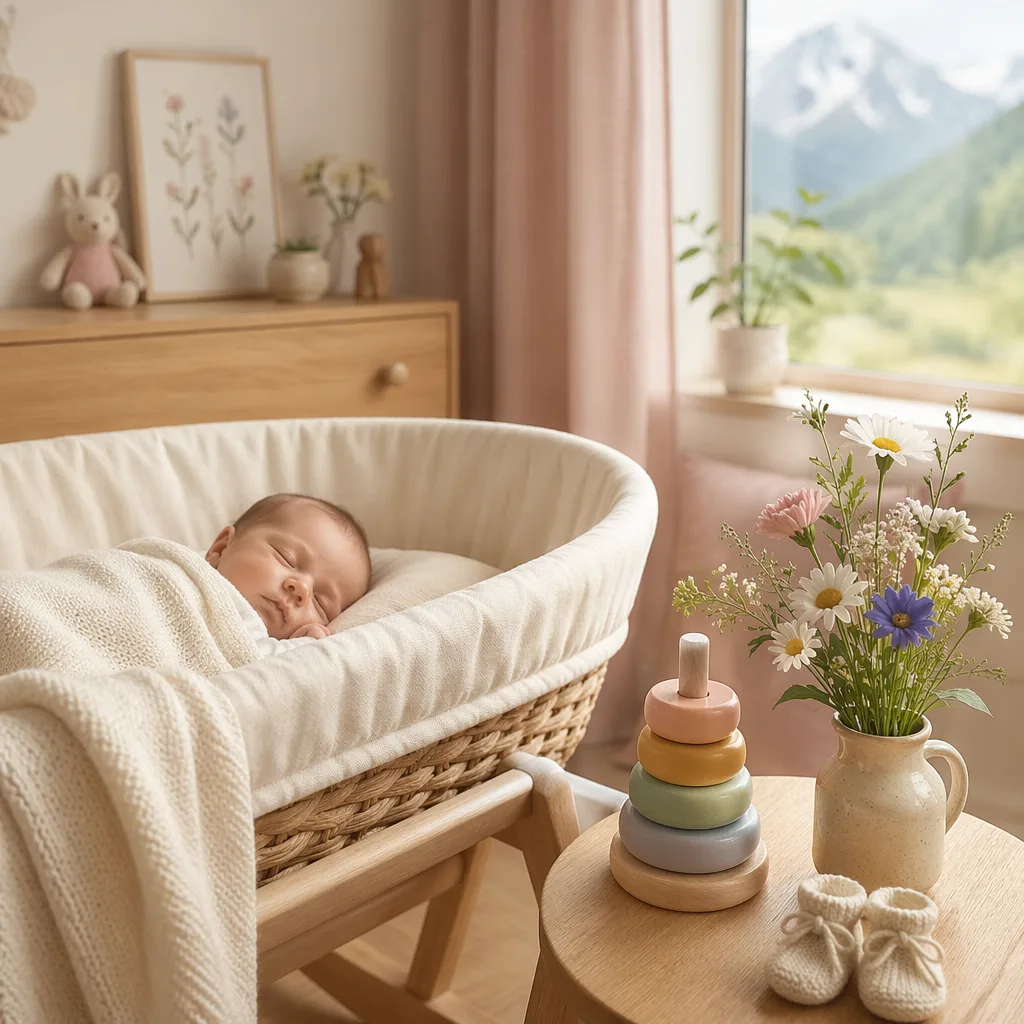 A cozy pastel nursery with a sleeping baby, wooden toy, booties, and alpine wildflowers.