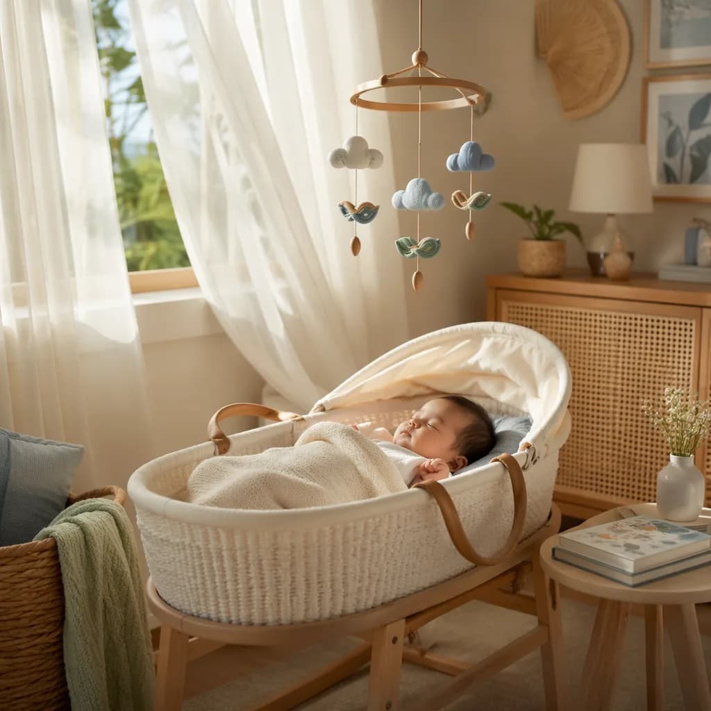 A peaceful Filipino baby nursery with soft curtains moving in a gentle breeze.