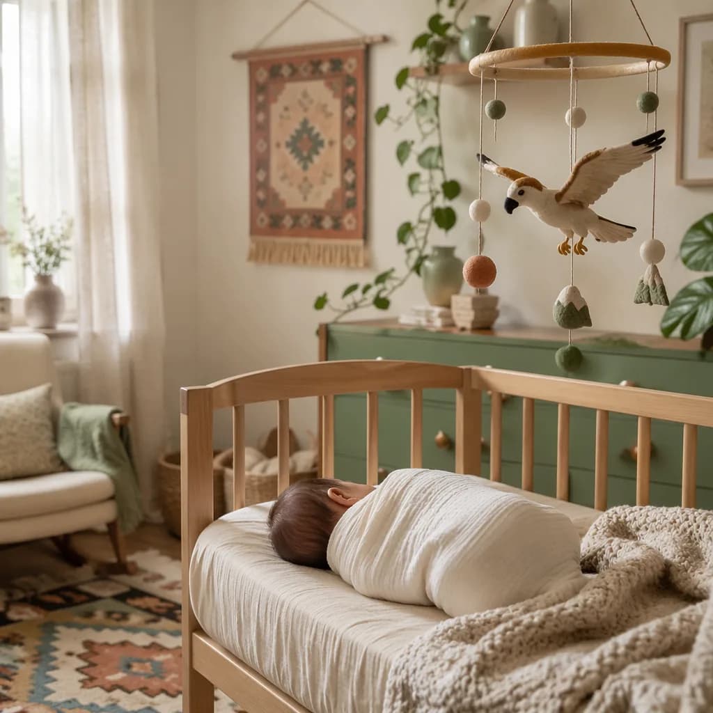 Sleeping baby in a soft Persian-inspired nursery with a falcon mobile.