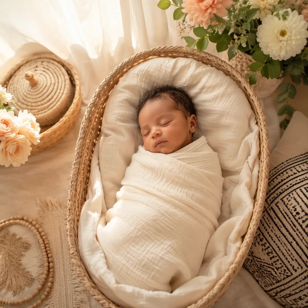 Peaceful swaddled newborn in a warm pastel nursery with soft flowers and woven accents.