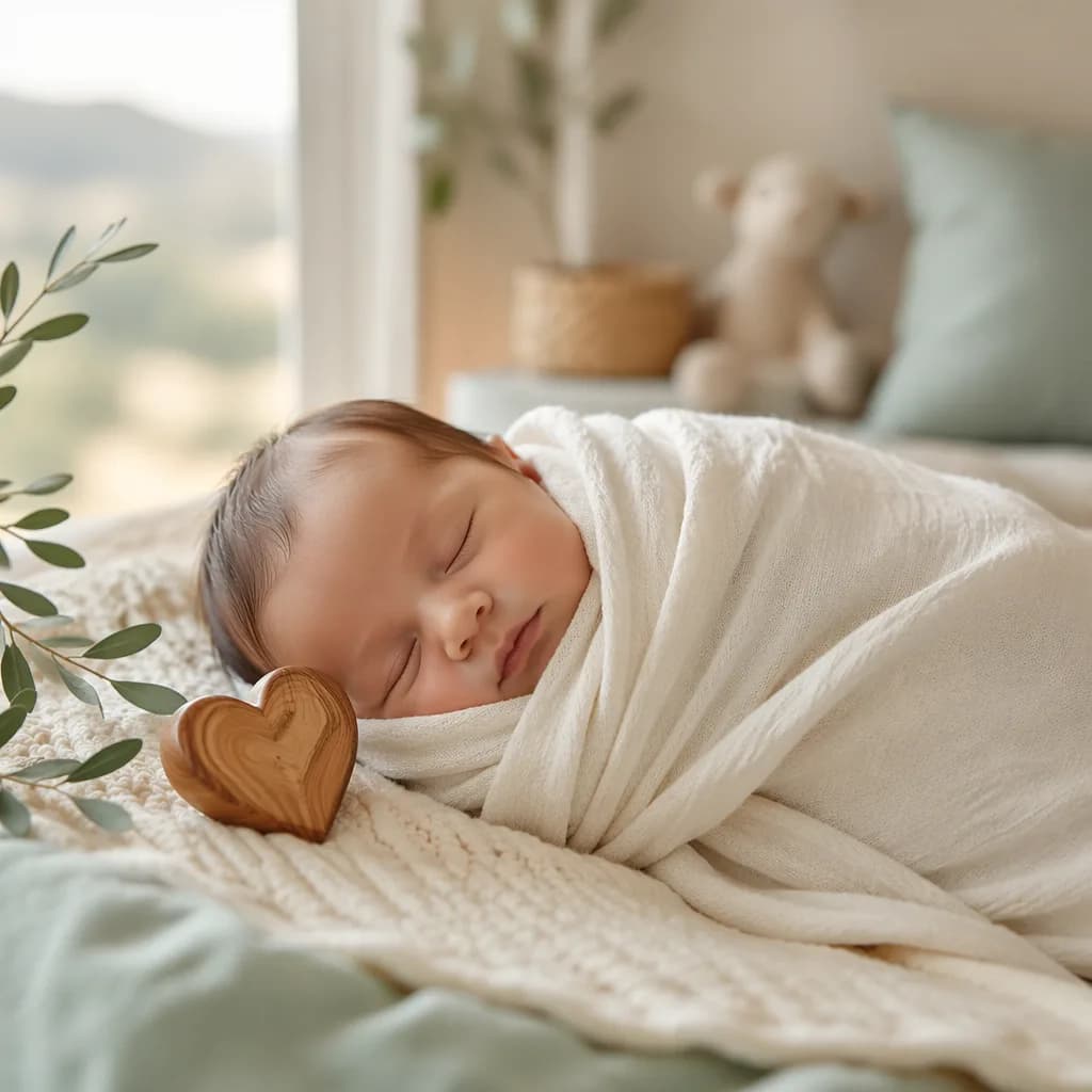 Sleeping baby in a soft Hebrew-inspired nursery with olive wood and gentle hill-themed decor.