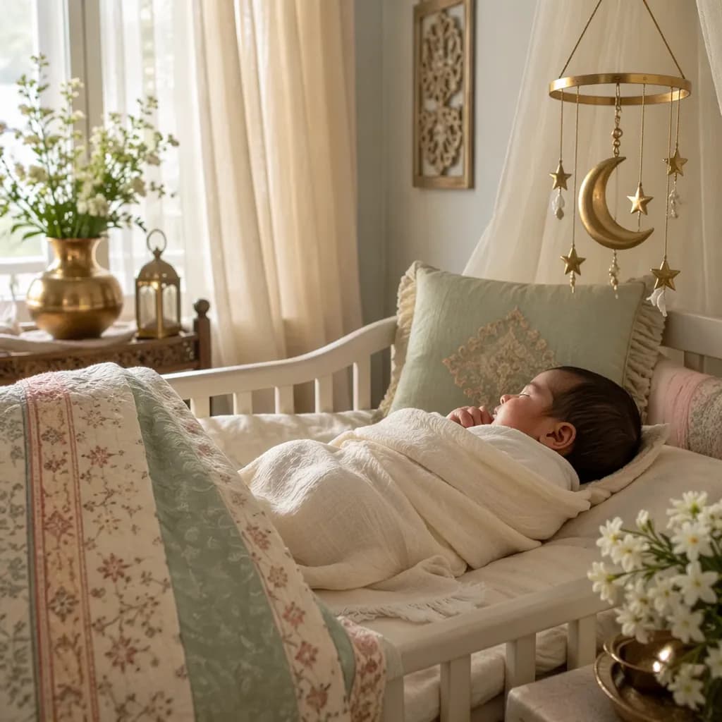 A serene pastel nursery with a sleeping baby, jasmine flowers, and a crescent mobile in warm natural light.