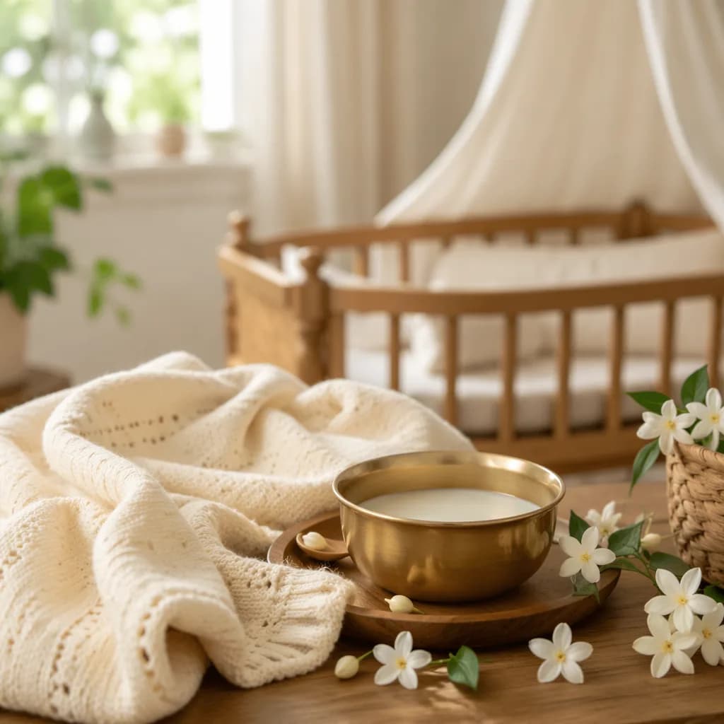 Soft pastel nursery still-life with jasmine flowers and a small brass bowl evoking nectar and joy.