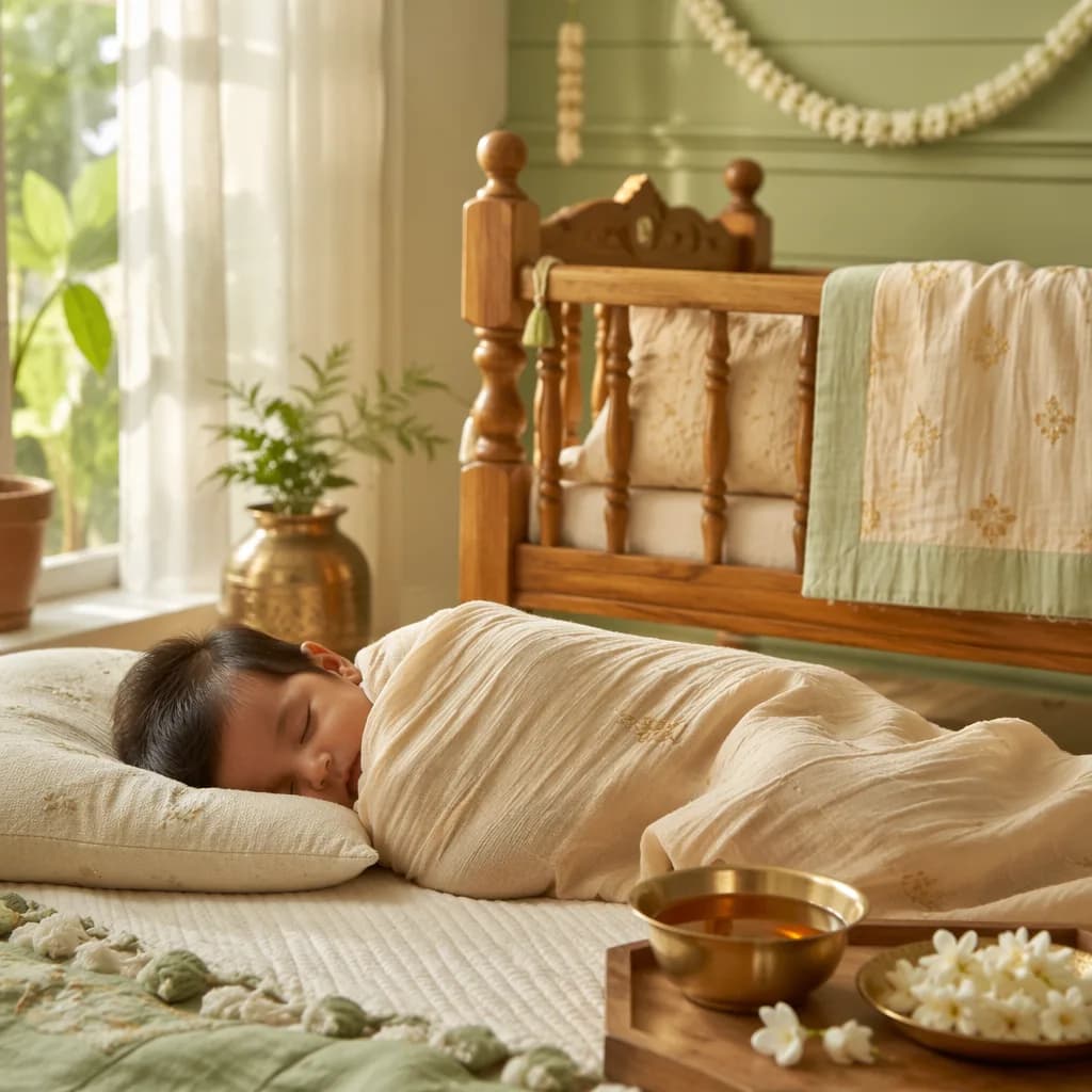 A softly lit Tamil-inspired nursery with a sleeping baby, jasmine flowers, and warm nectar tones.