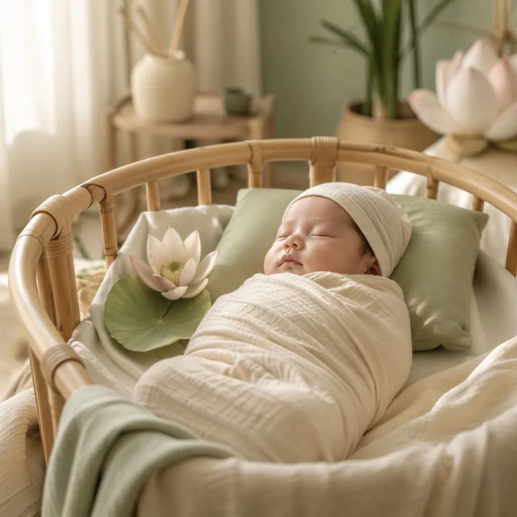 Peaceful sleeping baby in a soft pastel nursery with gentle Vietnamese-inspired decor.