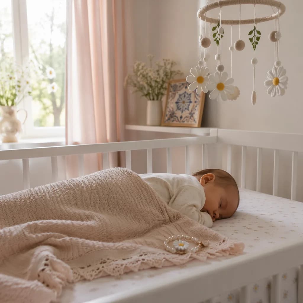 Soft pastel nursery with a sleeping baby, daisy mobile, and pearl-like keepsake.