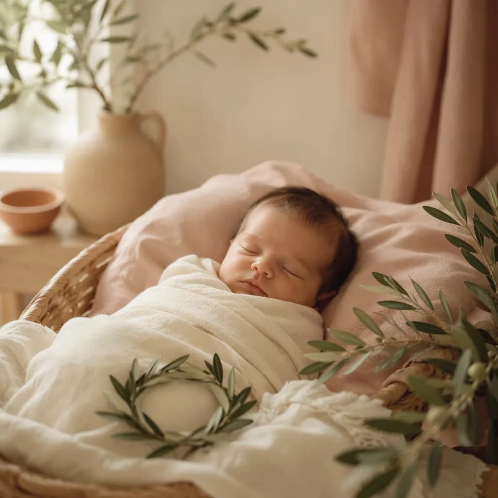 Sleeping baby in a soft pastel nursery with laurel accents symbolizing grace and victory