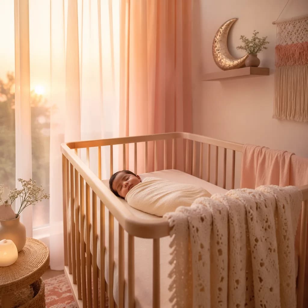 A softly lit pastel nursery at dawn with a swaddled sleeping baby in a cozy crib.