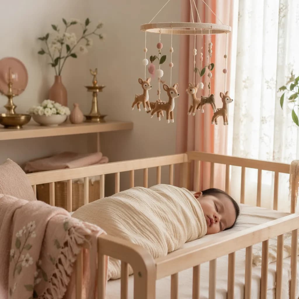 A peaceful Tamil-inspired nursery with a sleeping baby, jasmine flowers, and a gentle deer mobile.