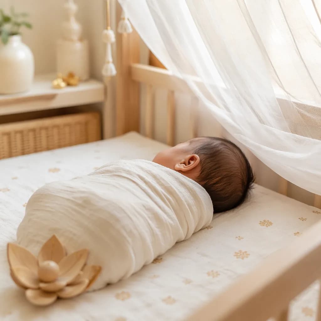 Non-identifiable swaddled baby in a soft pastel nursery with lotus and bright ivory accents.