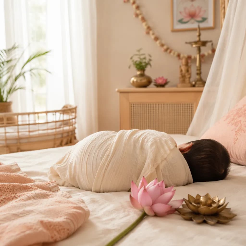 A softly lit pastel nursery with a swaddled sleeping baby, lotus bloom, and gentle Indian-inspired decor.