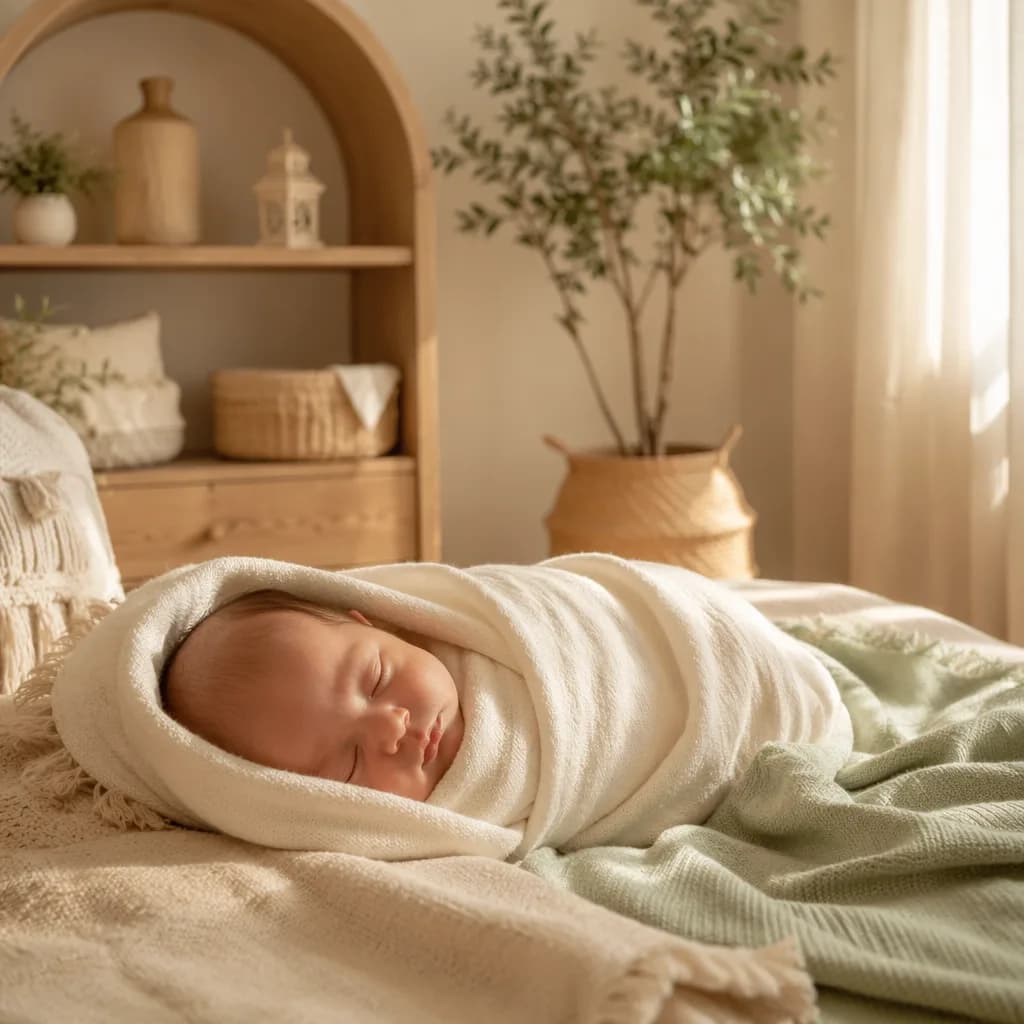 Sleeping newborn in a warm, cozy nursery with soft Arabic-inspired decor.