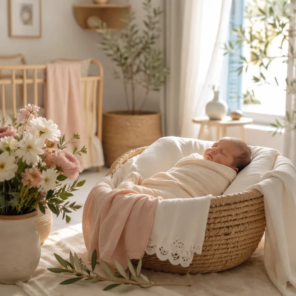 A swaddled newborn in a soft pastel nursery with olive branches and spring flowers.