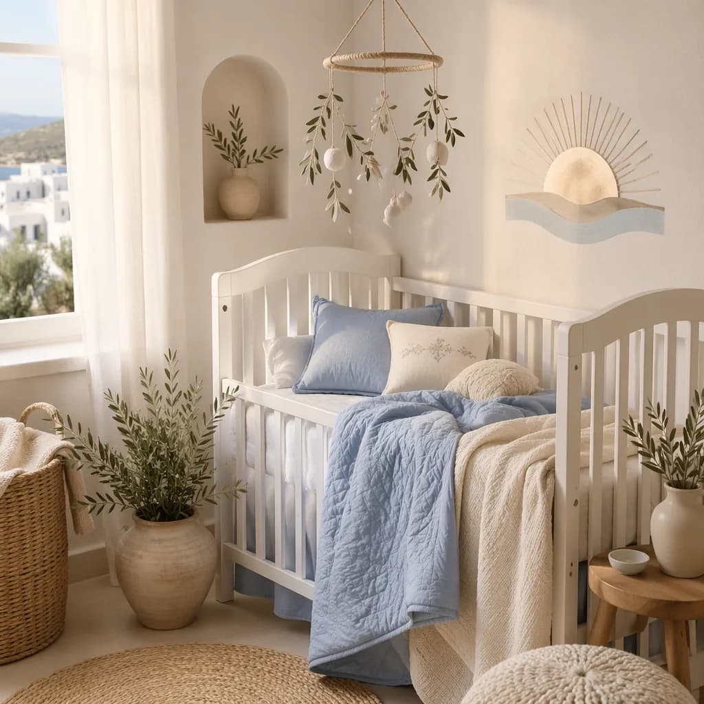 Soft Greek-inspired nursery with olive branches and sunrise decor symbolizing renewal.