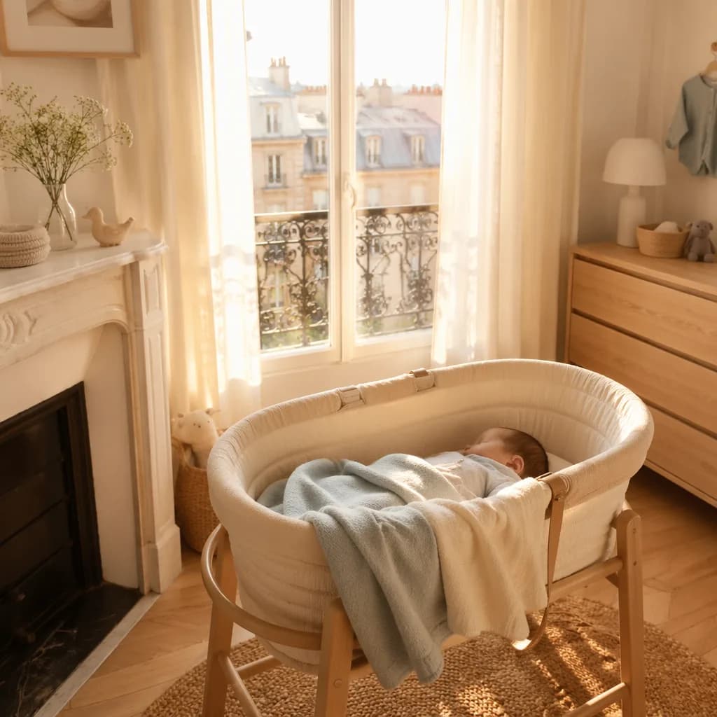 Soft sunrise light in a cozy French-inspired nursery with a peacefully sleeping baby.