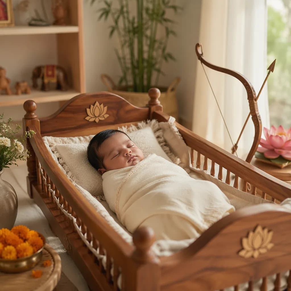 A softly lit Indian-inspired nursery with a swaddled sleeping baby and gentle lotus and marigold accents.
