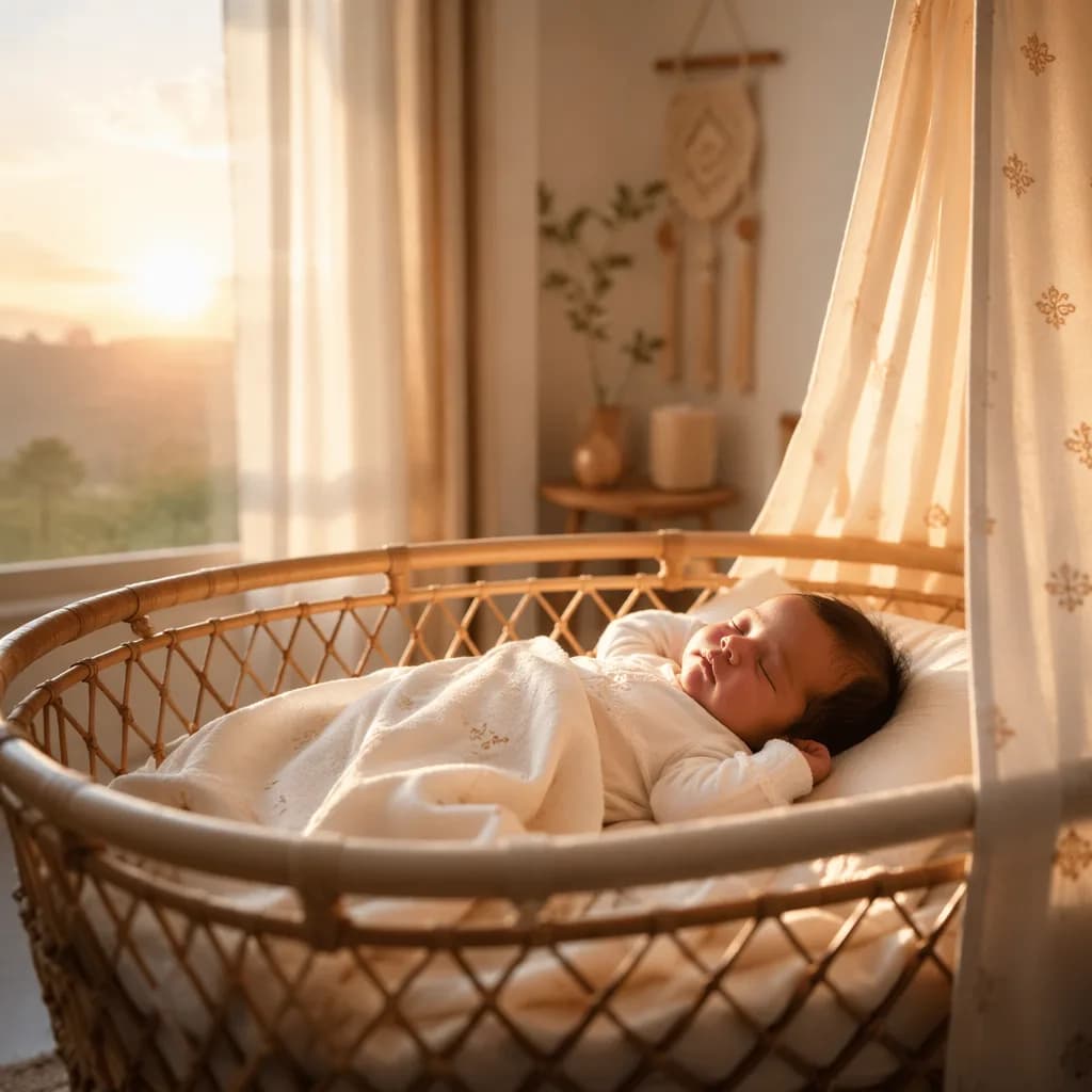 Peaceful newborn in a softly lit nursery at dawn with warm pastel tones