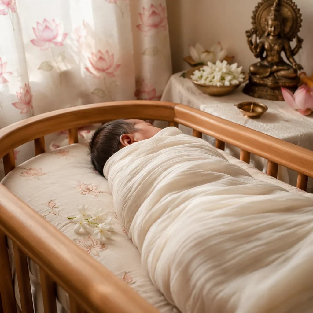 A softly lit nursery with a swaddled newborn, jasmine flowers, and gentle Indian-inspired decor.