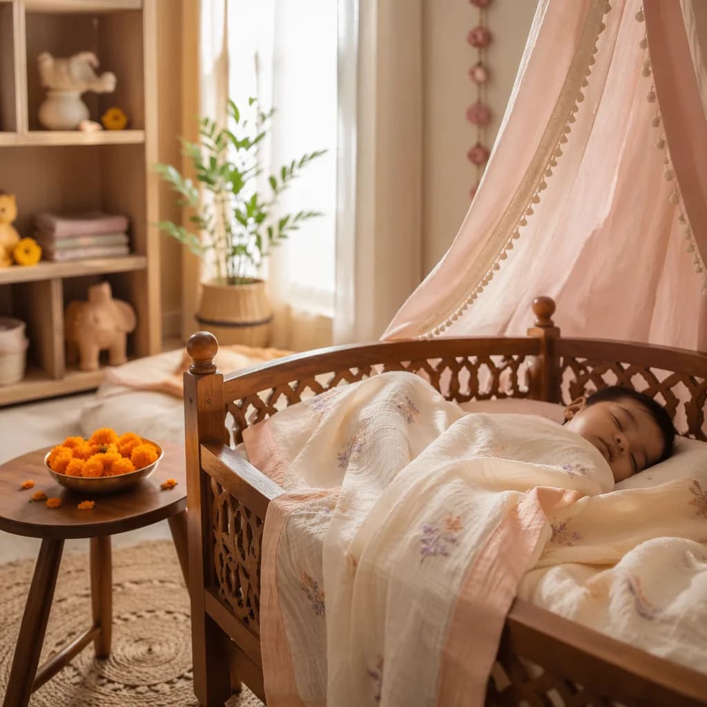 A peaceful baby sleeping in a soft pastel nursery with subtle Indian-inspired details.