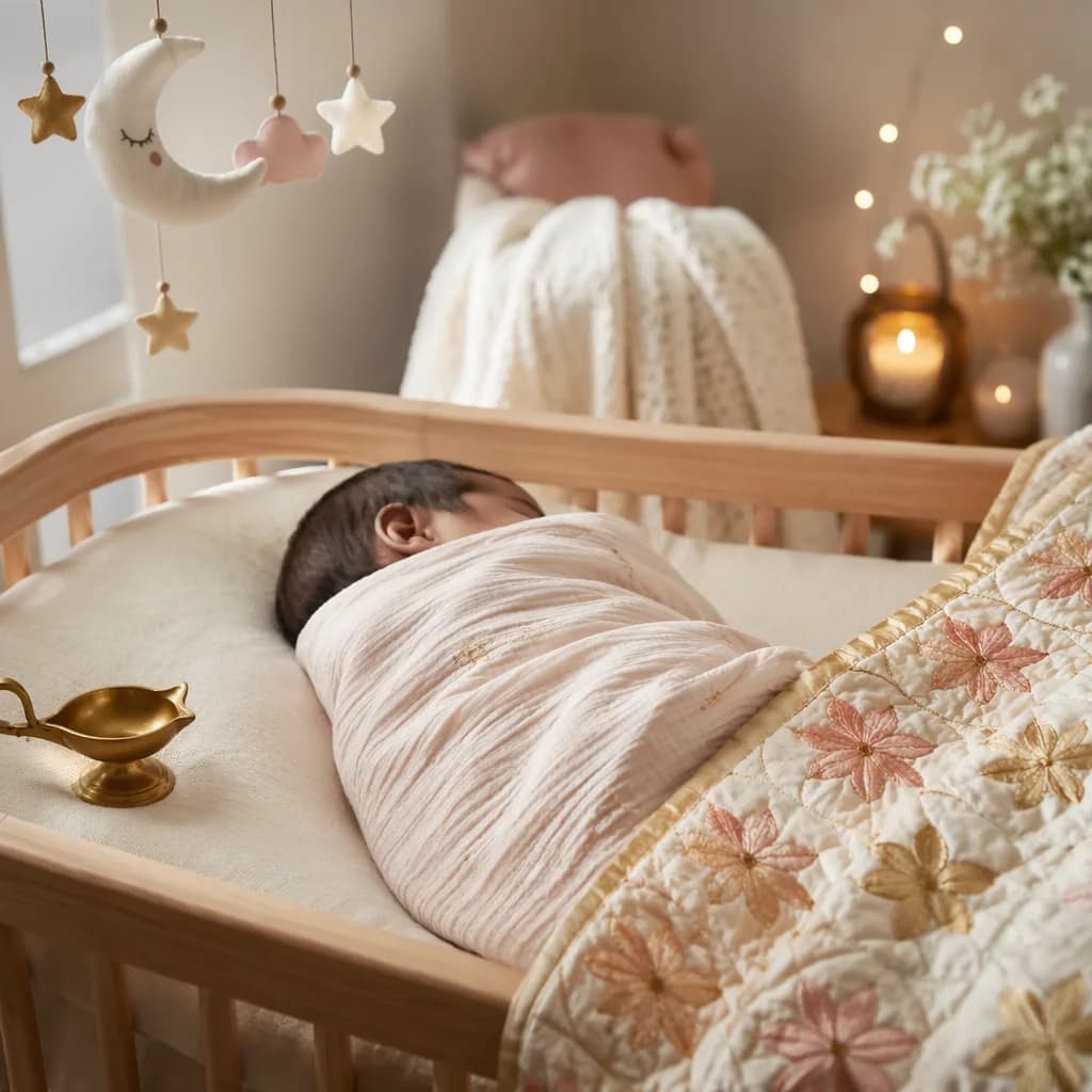A peaceful Punjabi-inspired nursery scene with a swaddled sleeping baby, soft moon decor, and pastel phulkari accents.
