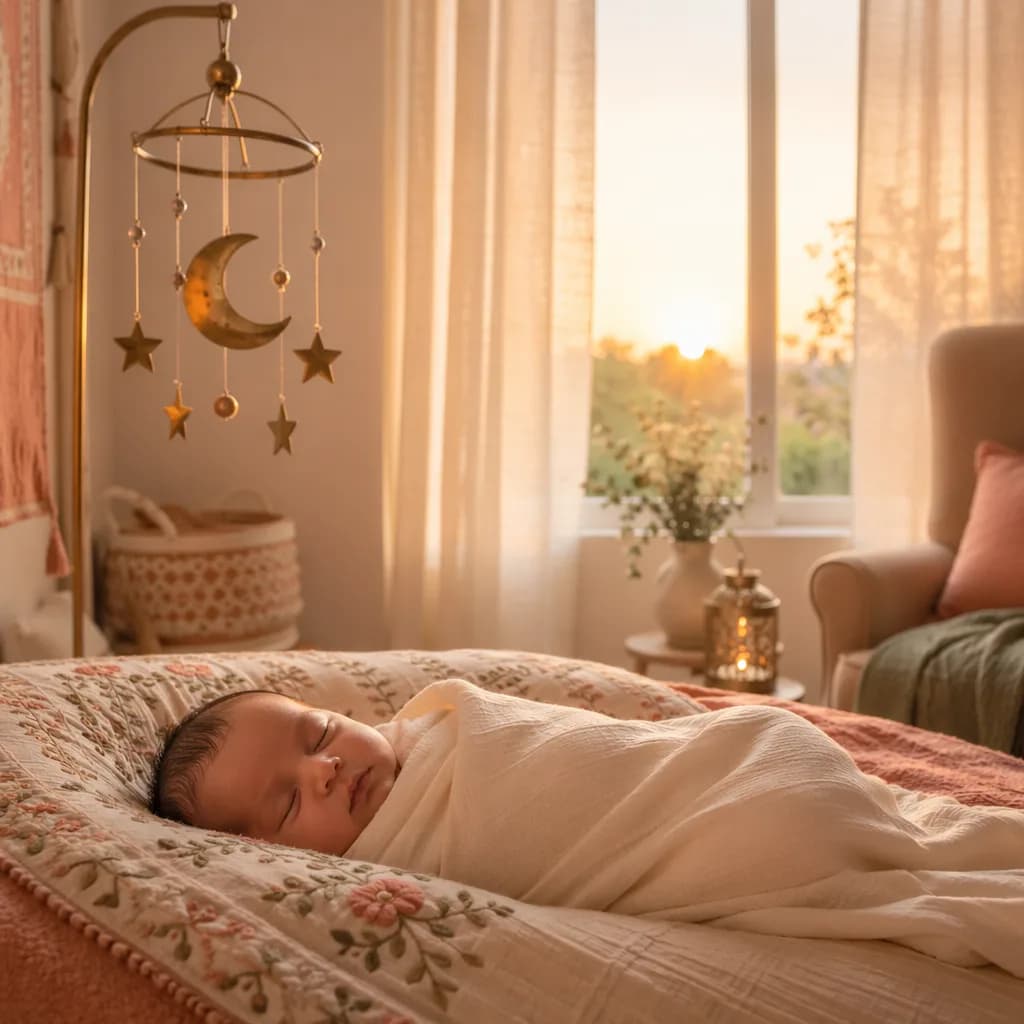 A peacefully sleeping newborn in a warm pastel nursery lit by soft sunrise light.
